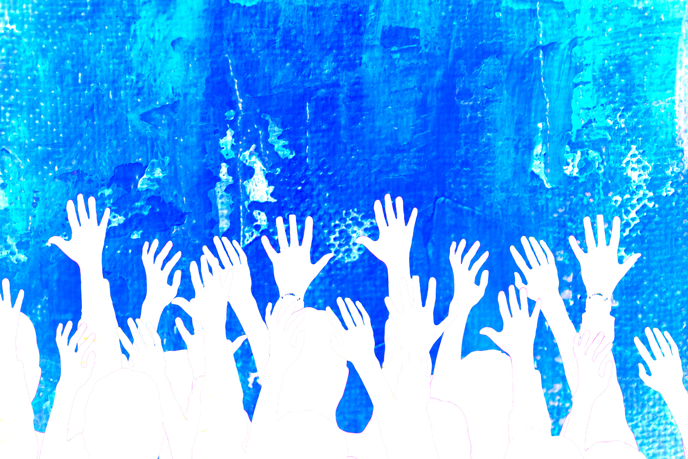 Blue textured background. Volunteers, voting. Hands raised.